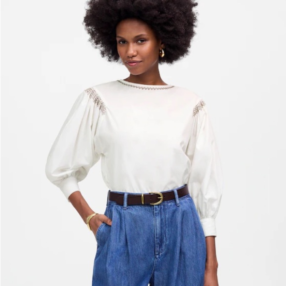 Madewell Embroidered Poplin Balloon-Sleeve Top Small